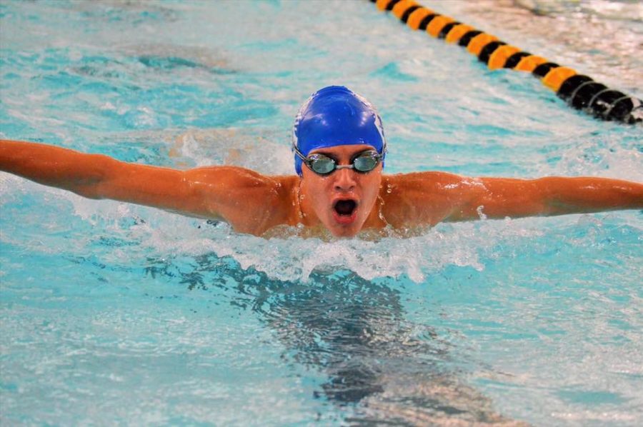 Sophomore Mason Kauffeld surfaces for a breath while swimming butterfly. Butterfly is one of the four strokes included in the 200 I.M.. “I was kinda nervous but thrilled at the same time, Kauffeld said. He is the first male swimmer to swim at state for WHS.
