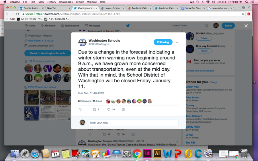 The School District of Washington sent out a tweet, call blast, text and email to parents and students Jan. 11 to announce a snow day.