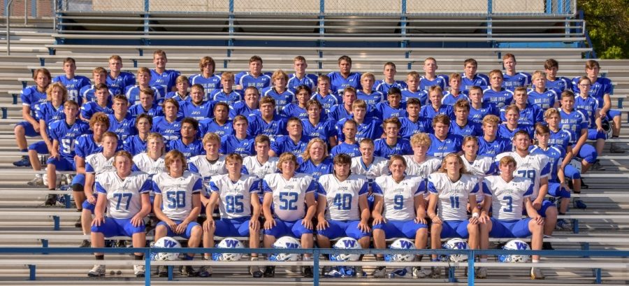 The 2019 football Blue Jays pose for a team photo at WHS. [One of our goals] as a team would be to win districts, senior Trevor Rinne said. Everyone wants to win state. Students and other Blue Jay fans are looking forward to the Homecoming game on Friday, Sept. 27.