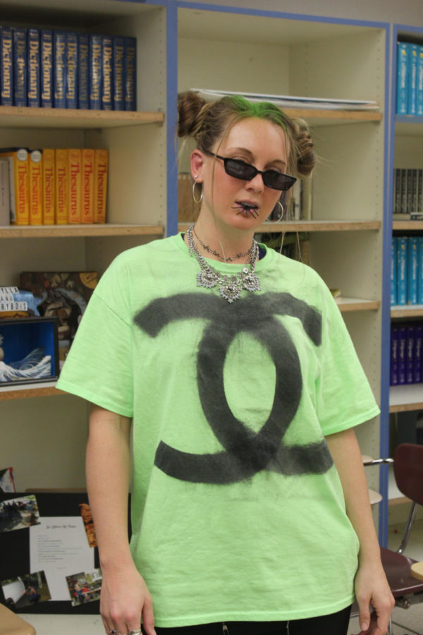 English teacher Rachel Stahl poses as Billie Eilish for Interact’s Halloween costume contest. “I’m so glad we do this,” Stahl said. “I think it’s a really great fundraiser.” In 2018, Stahl dressed as Post Malone for the contest.