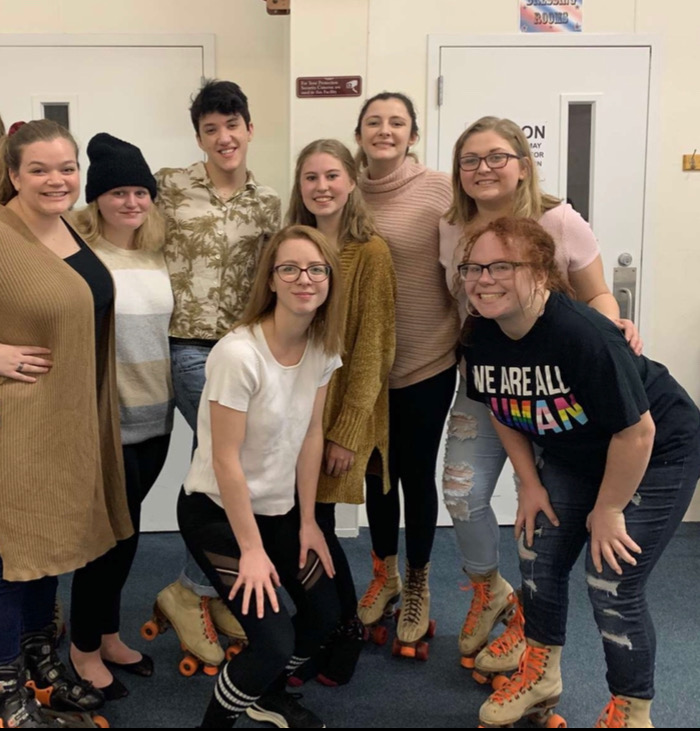 Senior Drew Post poses with fellow theater students. Just to constantly watch all of us simultaneously have such a good time, Post said. He has been creating videos since he was young.