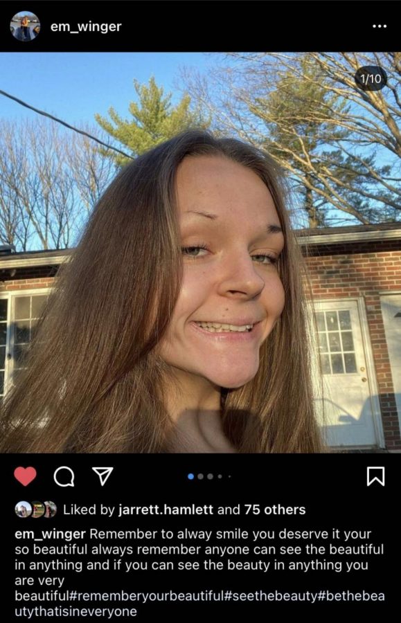 A post by junior Emma Winger shares a positive message with her followers. “I spread positivity to others because I know how it feels to not have positivity,” Winger said. “ ...For me, seeing other people spread positivity makes me happier, so I want to give off the same feeling to other people.”