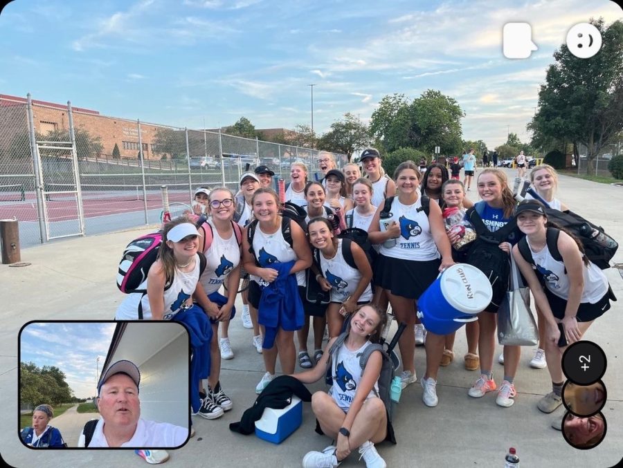 WHS Tennis team poses for a BeReal on September 15, 2022 at a tennis match. So like at tennis yesterday we all got it while we were at a tennis match and we all did it with the coach said sophomore Lily Leesmann. Photo submitted by Lily Leesmann.