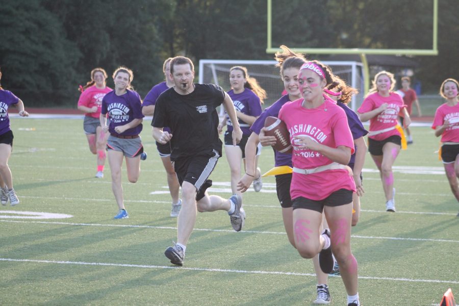 Senior Cassidy Nurnberger breaks away for a 85 yard touchdown on Wednesday, Sept. 14, 2016. "I'll always remember being able to score lots of touchdowns my junior and senior year," Nurnberger said. This was the first touchdown of the game for both the seniors and Nurnberger. 

Photo by Madelyn Pecka