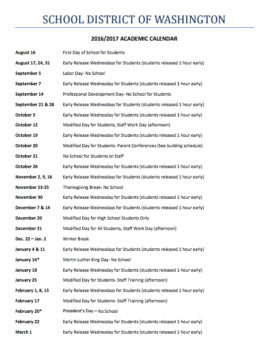 A screenshot of the 2016-2017 academic calendar. 