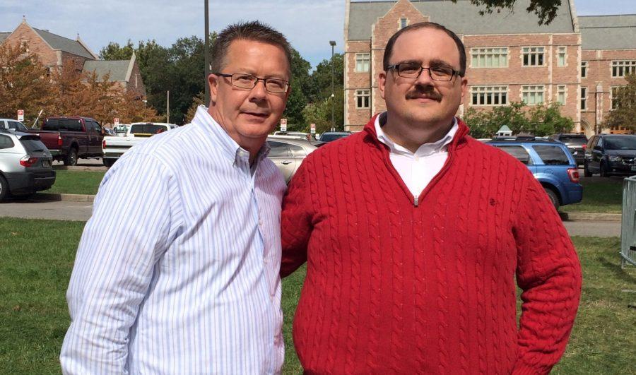 Karl Becker posses with Ken Bone, another member of the audience at the Town Hall debate. "The next day we went back to Washington University and it was a very long day with a lot of interviews." Becker along with Bone experienced a lot of home town fame for a couple of weeks following the debate. 