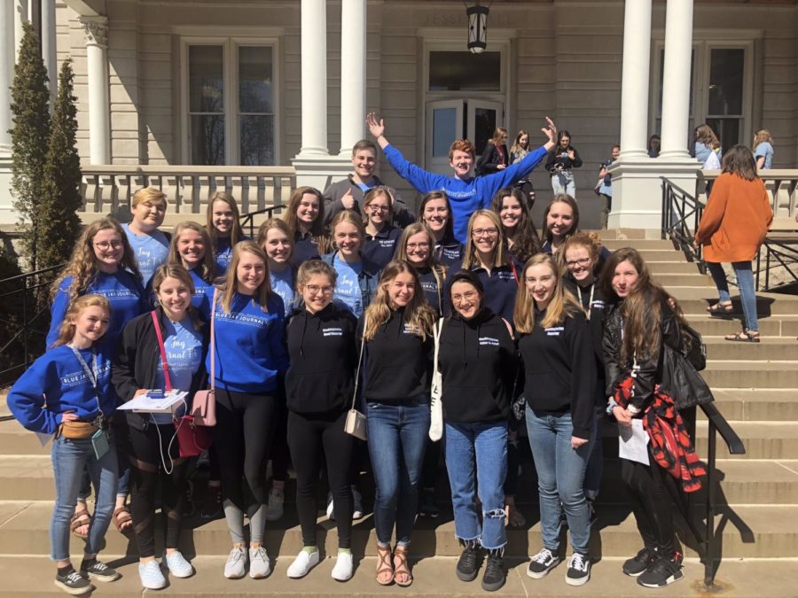 WHS journalism students pose for a photo after the awards ceremony at Missouri Interscholastic Press Association’s 50th Annual Journalism Day on March 25 at the University of Missouri - Columbia. “I think [winning awards] just shows how hardworking we all are and that we’re actually in class doing stuff every day,” junior and Blue Jay Journal staff member Megan Duncan said. “...It’s just really rewarding, and it’s so nice when we can win, and everybody’s just happy about it.” The yearbook, newspaper and broadcast programs won a total of 35 awards. 