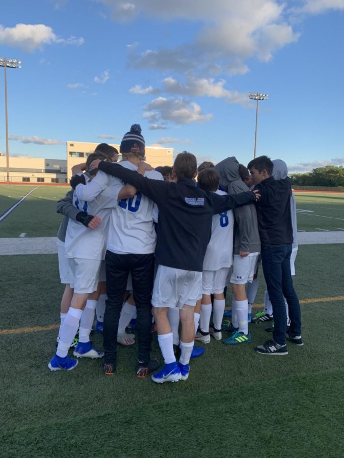 The JV soccer team breaks out after the first half of their game at Borgia High School Oct. 11. The Knights won 2-0.