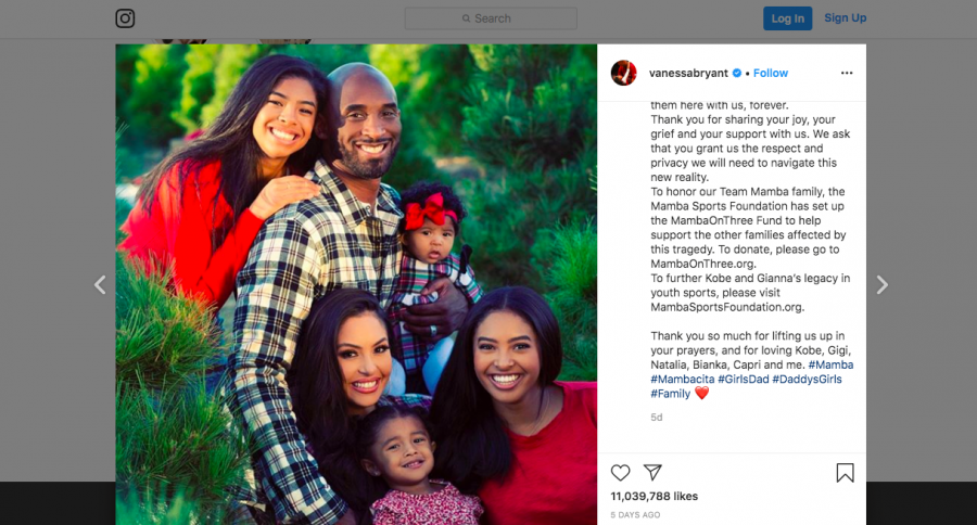 An image of the Bryant family, posted by Vanessa Bryant after Kobe Bryant's death. "My girls and I want to thank the millions of people who've shown support and love during this horrific time," Vanessa Bryant said.