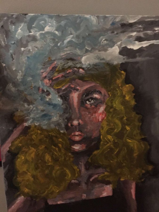 Sophomore Olivia’s Courtney uses acrylics in many of her paintings. “[Art] also gives me an opportunity to listen to music,” Courtney said. “I don't like making art in silence, so I use music to fill that silence. [I feel] the mood of whatever song or album I choose, or certain lyrics that really strike me.” Courtney has recently been listening to the bands Death Grips and The Strokes to boost her creativity. 