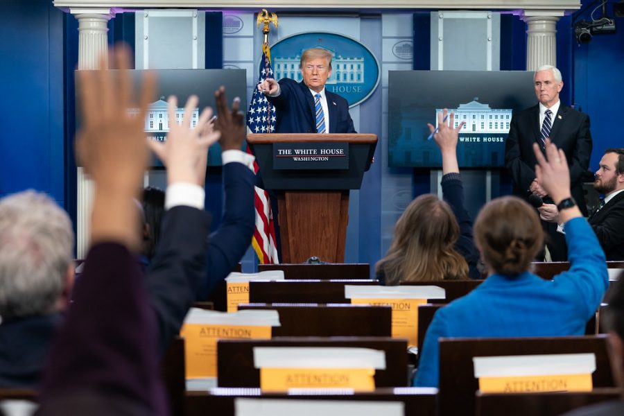 President Donald Trump answers questions during a coronavirus update.