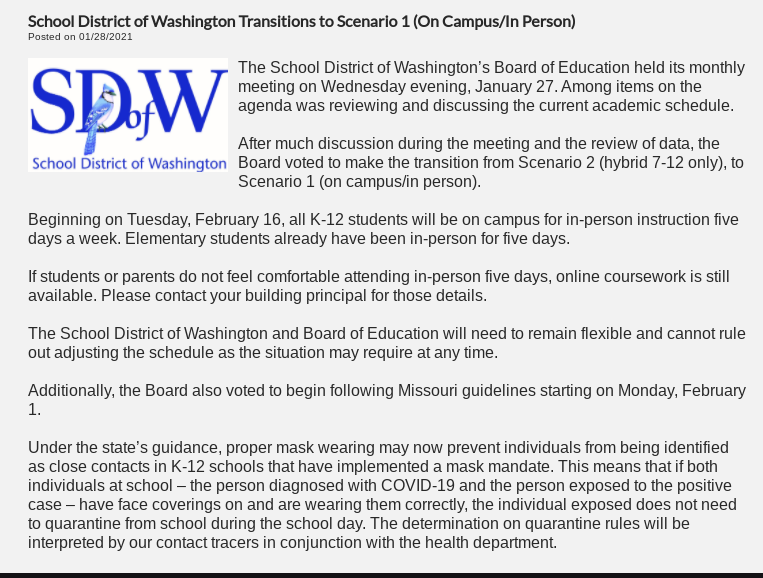 The School District of Washington announces on their website that they are transitioning to scenario one.