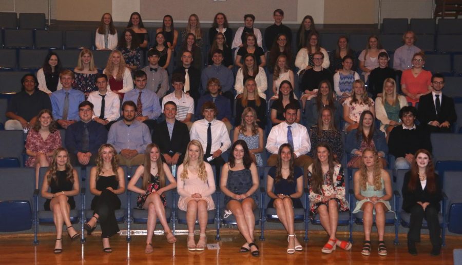 2020 NHS inductees pose for a picture after the ceremony May 17. "Get involved," NHS advisor Colin Flynn said. "Take the opportunity to take on service projects, not as a requirement, but as an opportunity. This is a club that will give members a chance to interact with people." Photo submitted by Craig Vonder Haar