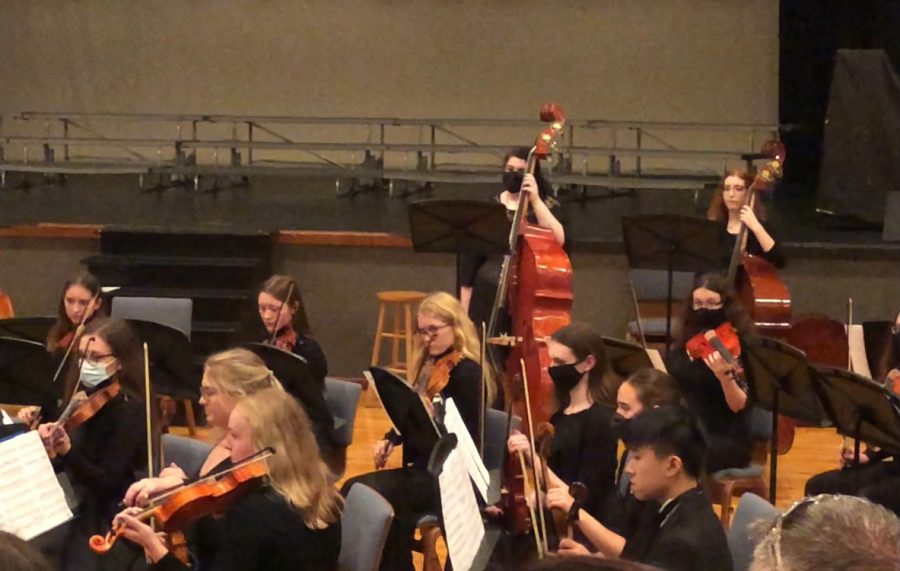 Washington High School Orchestra students play in their first concert of the school year on Wednesday, October 13. “It's really cool to display something that we've put a lot of effort and work into for months,” explains Senior Molly Schaedler. Concerts allow students to share music with the community. 
